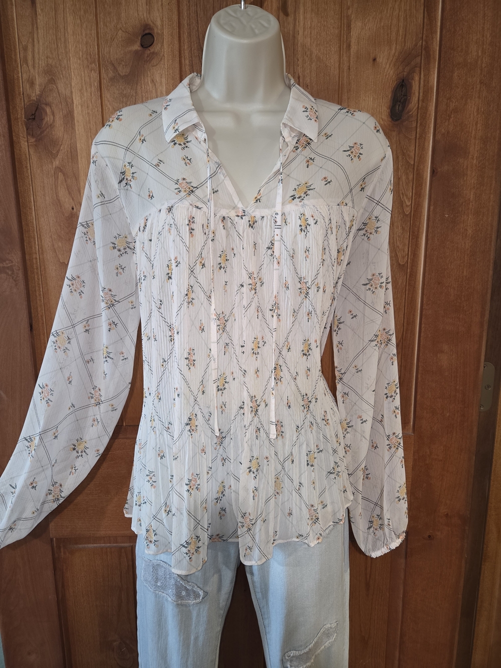 LC Lauren Conrad White Floral Peasant Blouse with Pink and Yellow Accents